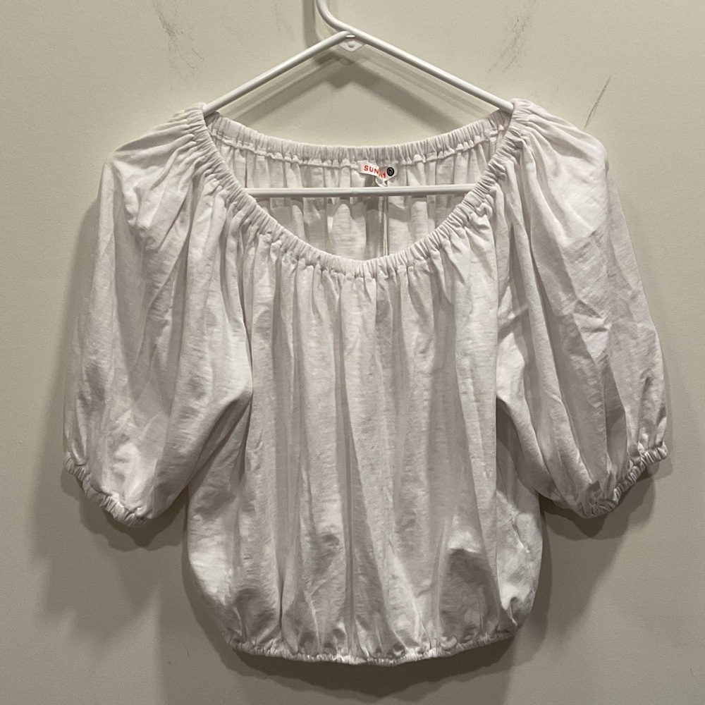 Sundry Womens Stretch Round Neck Short Sleeve Cropped Blouse Top White